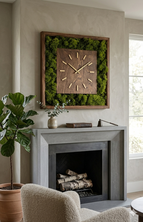 Framed moss and wood wall clock above a fireplace by Cerium Arts