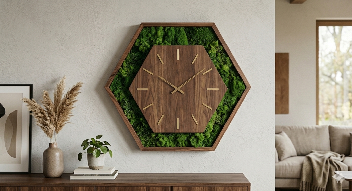 Twelve-hex biophilic wooden wall clock concept by Cerium Arts