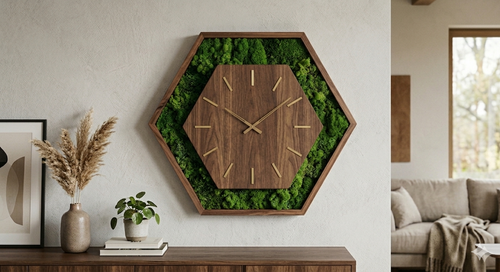 Twelve-hex biophilic wooden wall clock concept by Cerium Arts