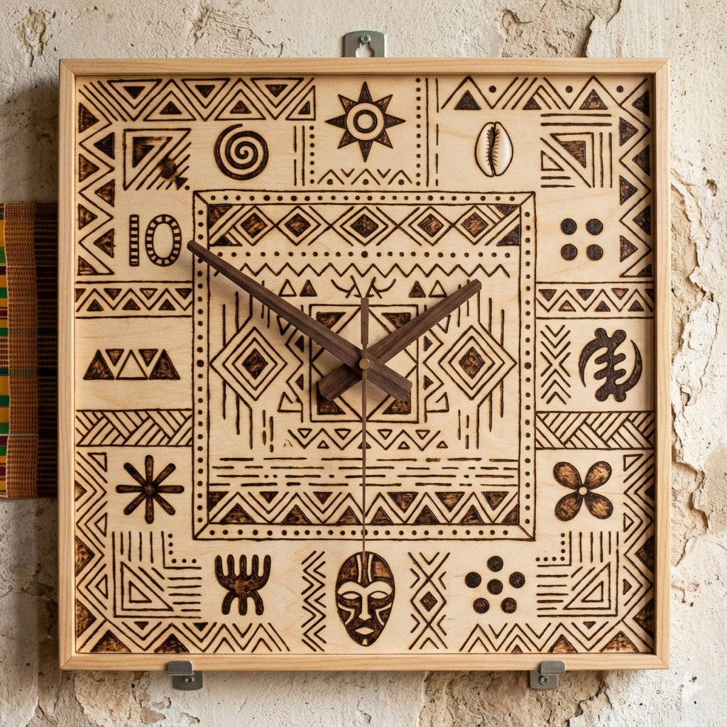 Patterned square wooden wall art clock by Cerium Arts