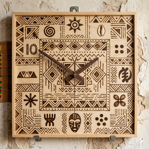 Patterned square wooden wall art clock by Cerium Arts