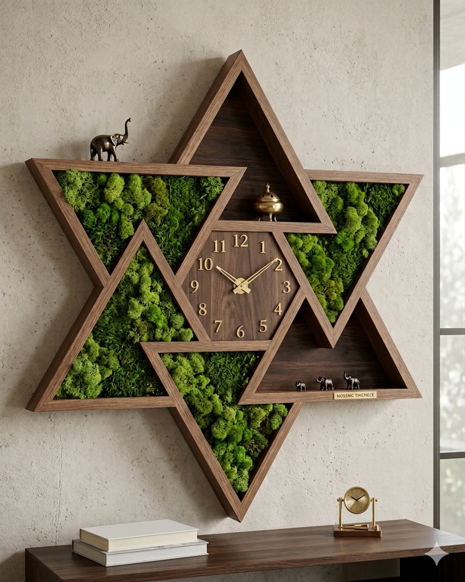 Star shelf wooden wall clock with preserved moss concept by Cerium Arts