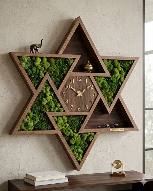 Star shelf wooden wall clock with preserved moss concept by Cerium Arts